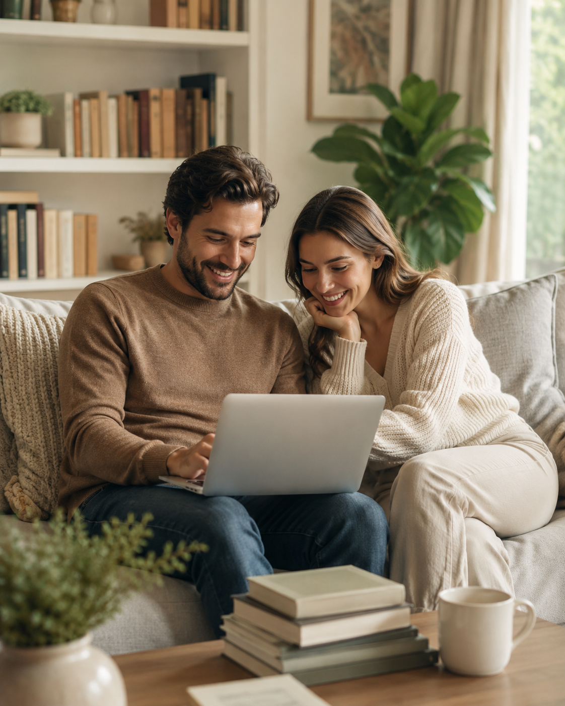 Um casal sentado no sofá em uma sala de estar, olhando para um laptop juntos e sorrindo, com uma parede de estantes de livros e uma planta ao fundo.