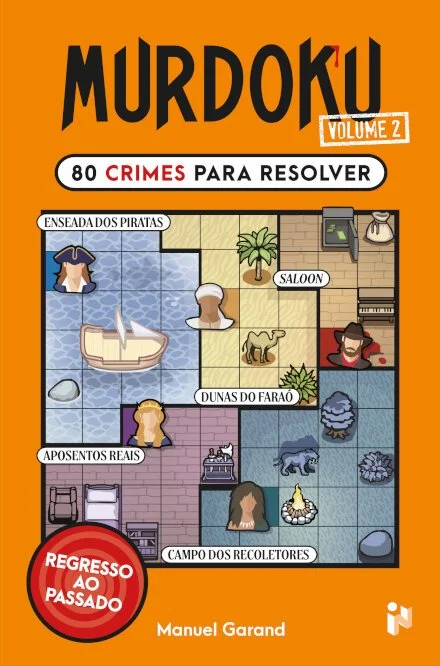 Capa do livro Murdoku, volume 2, com o título '80 Crimes Para Resolver'. Inclui um mapa estilizado de cenário de mistério com áreas como Ensedá dos Piratas, Saloon, Duna do Faraó, Aposentos Reais, e Campo dos Recolectores. O autor é Manuel Garand.