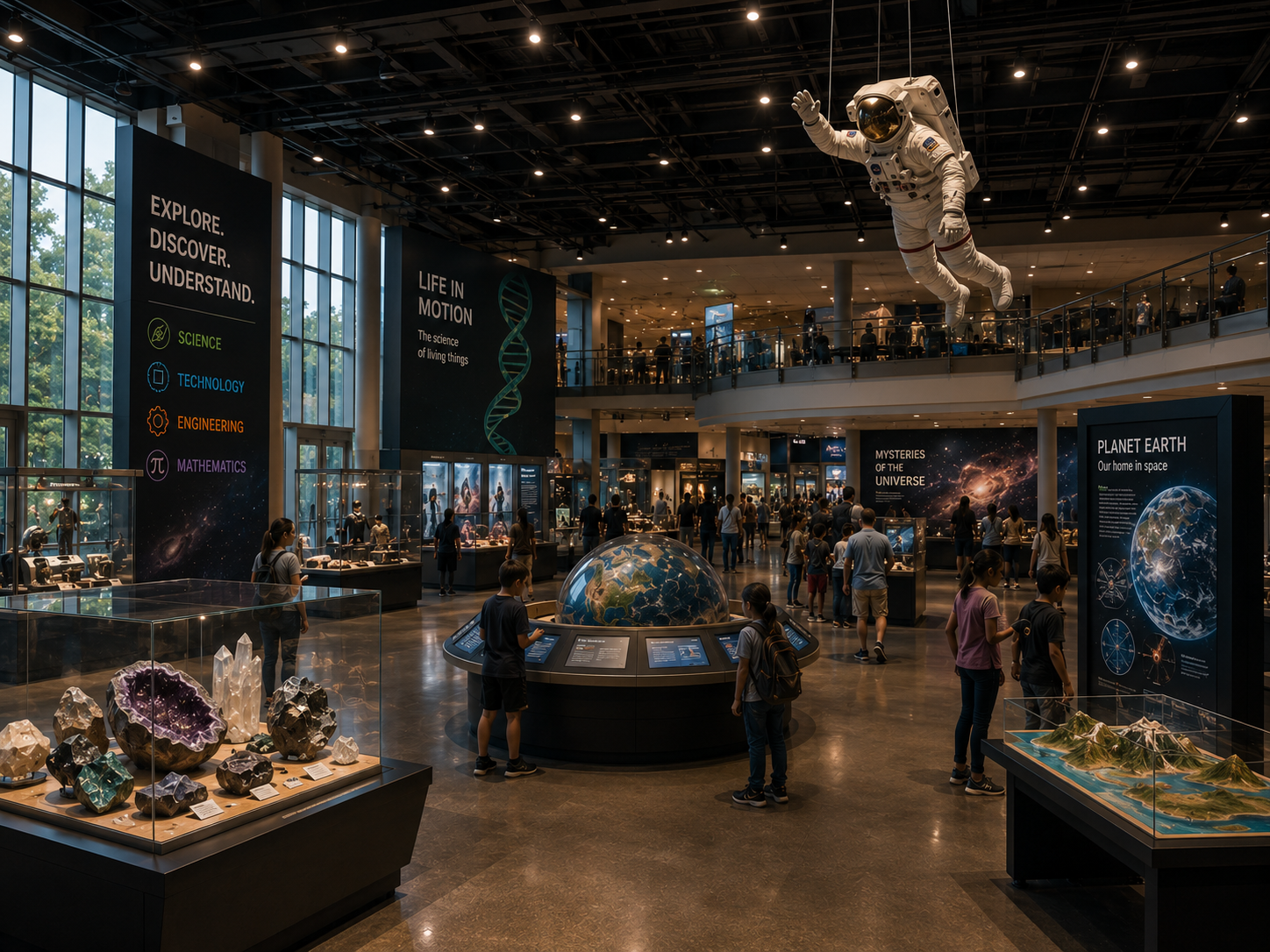 People exploring a science museum exhibit on space, with display cases featuring minerals and gemstones, a globe in the center, posters about Earth and the universe, and an astronaut figure suspended from the ceiling.