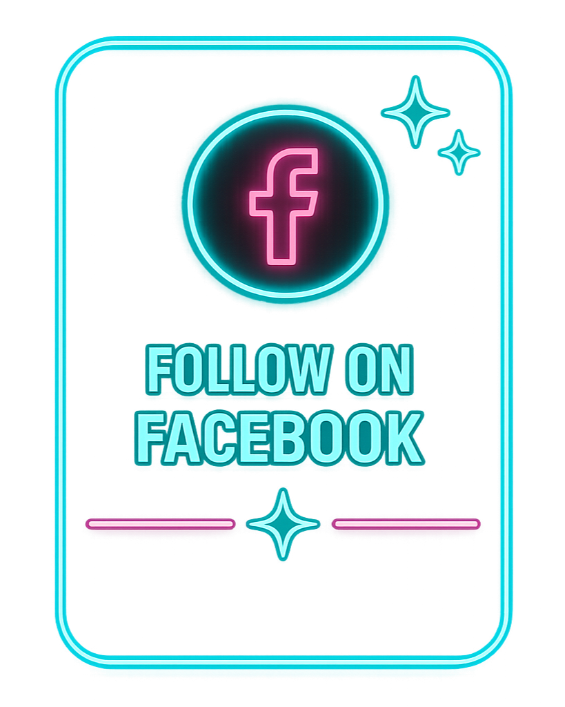 Neon sign with a Facebook logo and the text "Follow on Facebook" in bright pink and blue colors.