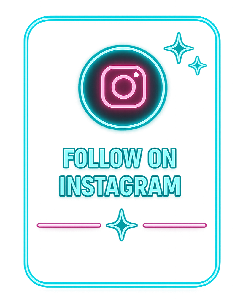 Neon sign with the Instagram logo and the message 'Follow on Instagram' in bright pink, blue, and purple colors, with decorative stars and lines.