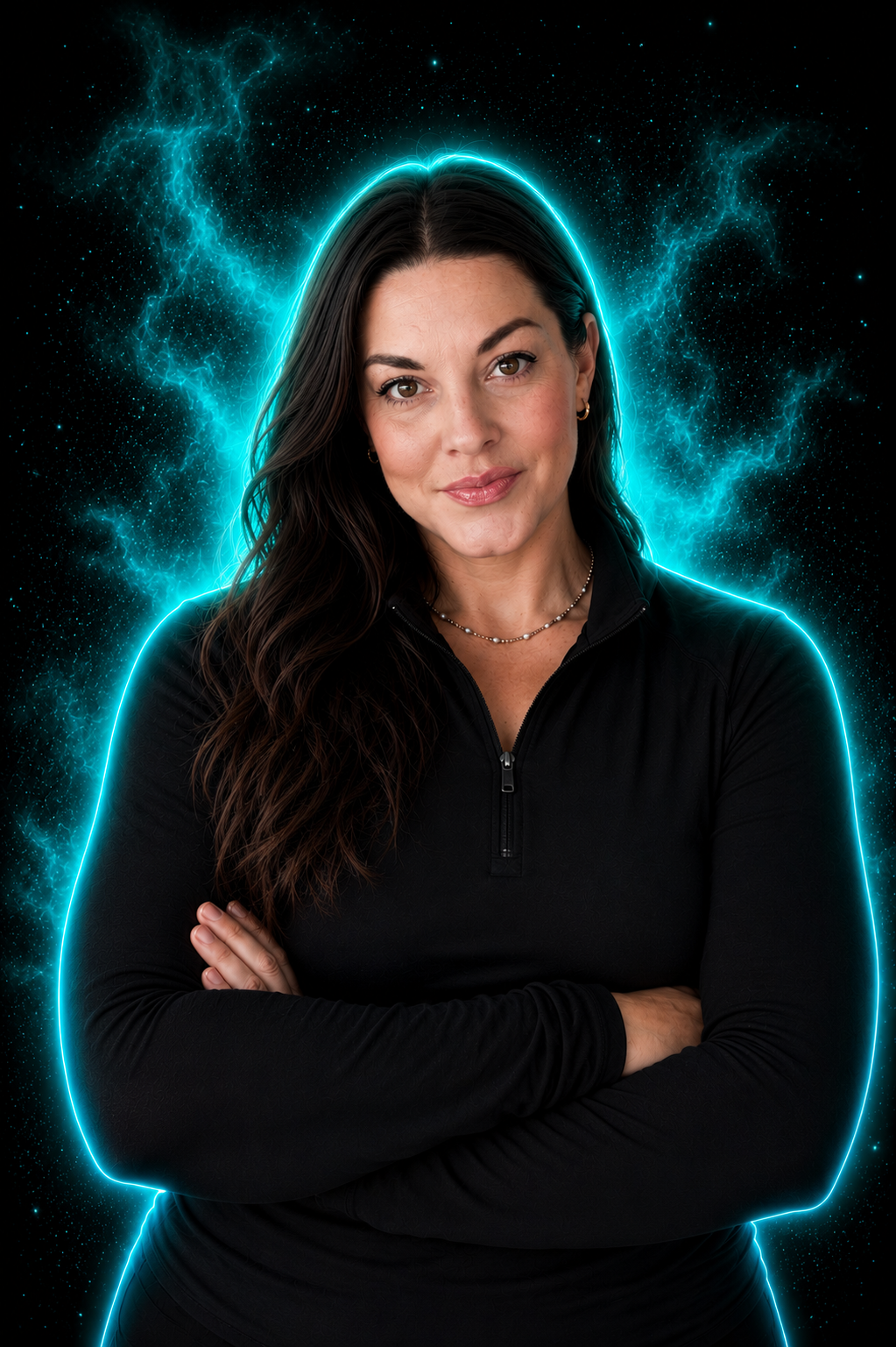 A woman with long dark hair in a black zip-up top, standing with arms crossed against a digital blue lightning and star background.