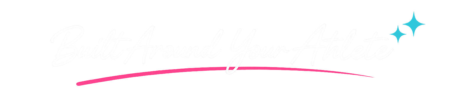 Stylized text saying 'Built Around Your Athletes' with a pink and blue abstract design behind it.