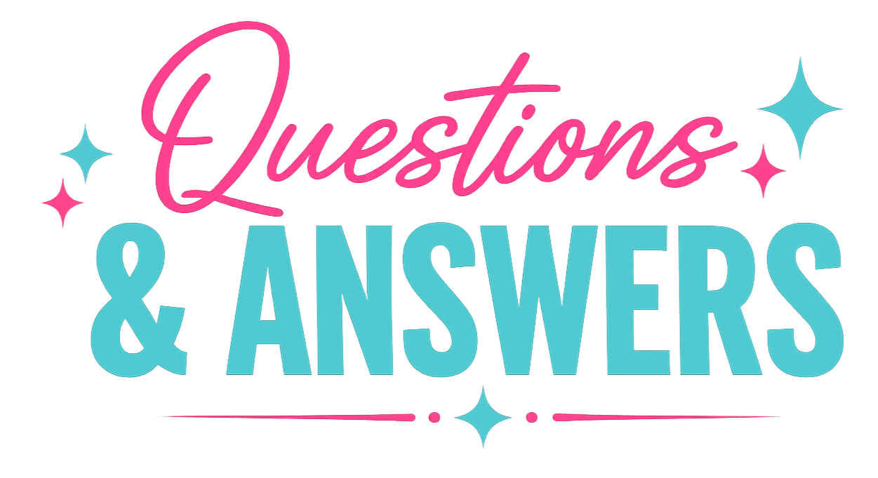 Colorful graphic with the text 'Questions & Answers' in pink and blue, decorated with stars and sparkles.