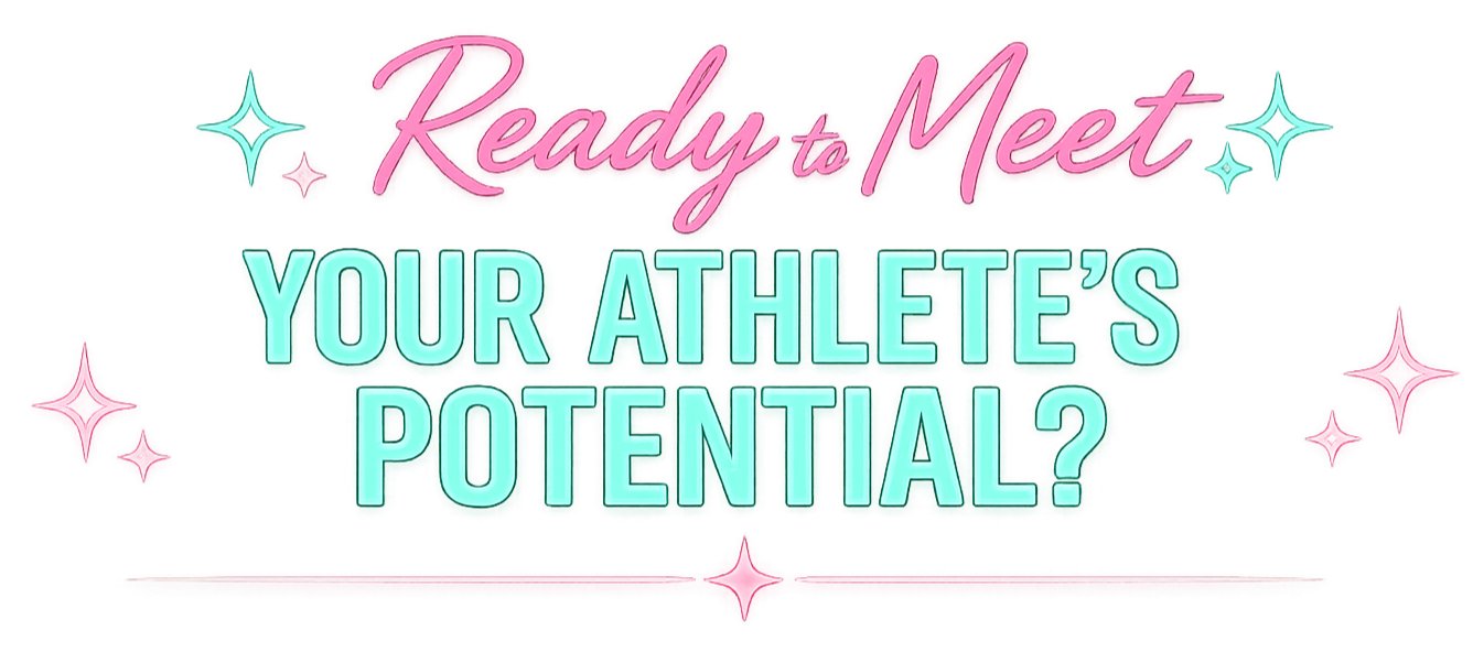Neon sign with the text 'Ready to Meet Your Athlete's Potential?' in pink and teal colors, surrounded by pink and teal sparkling stars.
