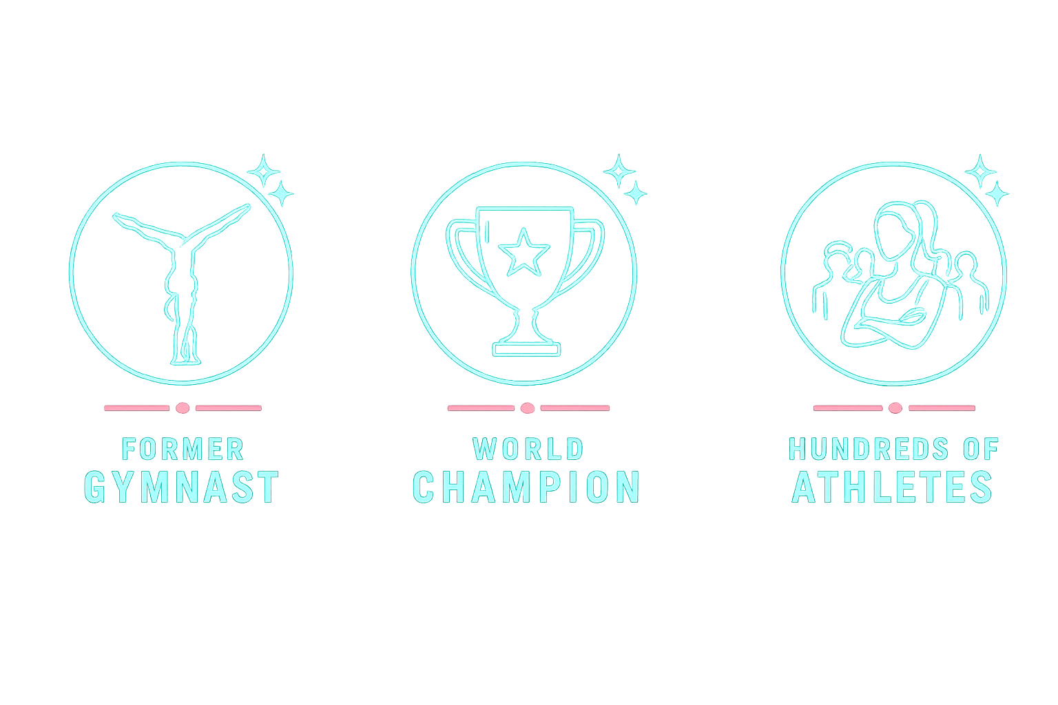 Neon-style icons with text: a gymnast representing former gymnast, a trophy representing world champion, and a group of athletes representing hundreds of athletes.