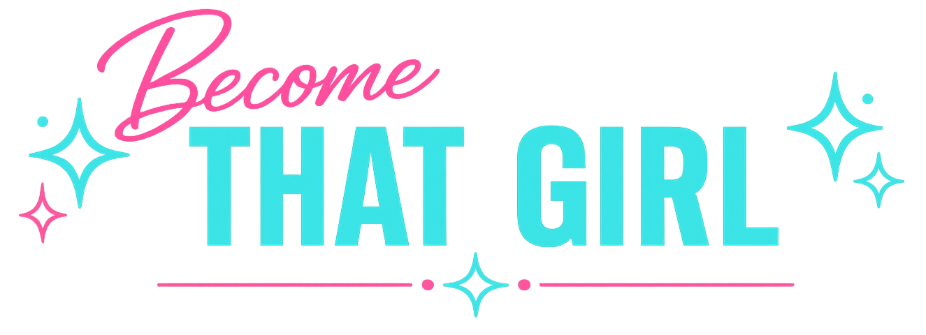 Colorful text reading "Welcome that girl" with sparkles and decorative elements.