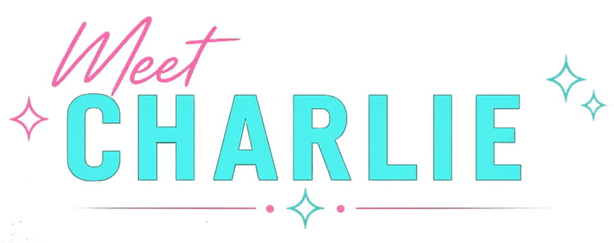 Colorful neon sign that says 'Meet Charlie' with pink, blue, and teal colors and star-shaped accents