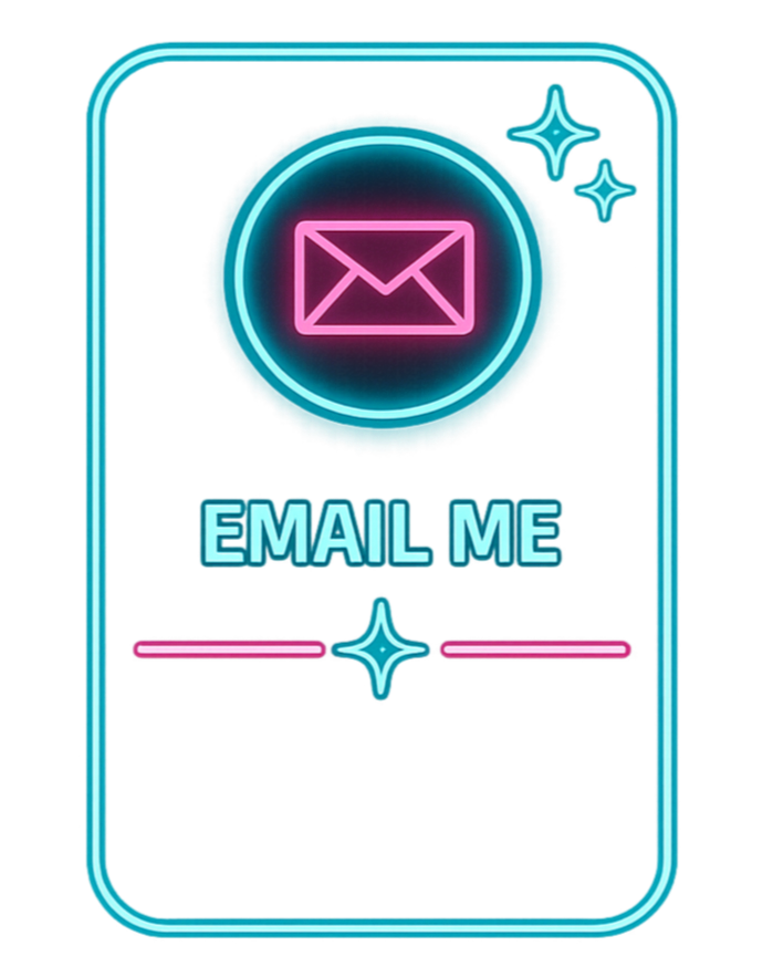 Neon sign on a mobile phone screen with a pink email envelope icon, the words 'EMAIL ME' in bright blue, and decorative stars and lines.