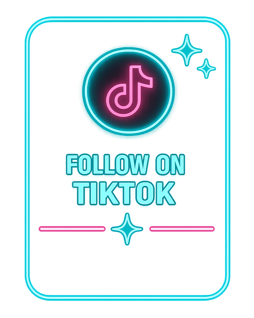 Neon sign with TikTok logo and the text "Follow on TikTok" in bright blue and pink colors, with additional star and sparkle decorations.