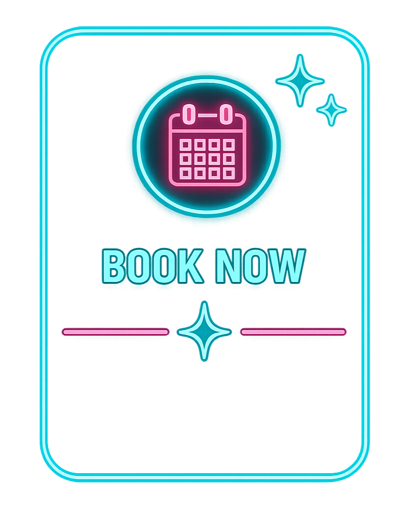 Neon-style digital booking advertisement with a calendar icon, the words 'BOOK NOW' in bold teal letters, and sparkling star graphics.
