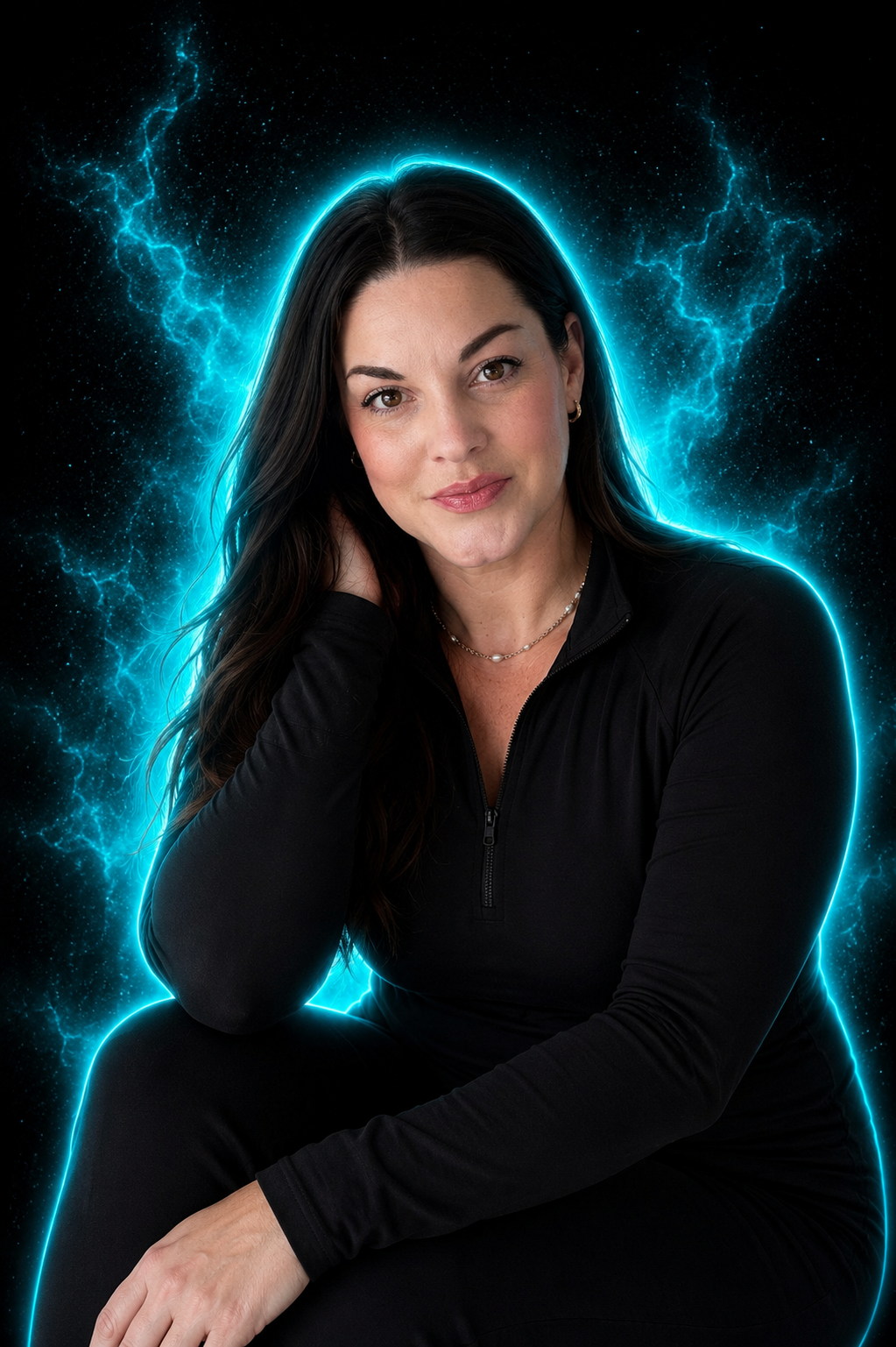 A woman with long dark hair and a black top, posing with her head tilted and her hand near her neck. She is surrounded by a glowing blue outline and electric blue lightning effects in the background.