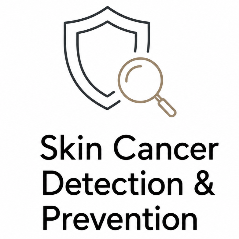 Outline of a shield with a magnifying glass over it and the text "Skin Cancer Detection & Prevention" underneath