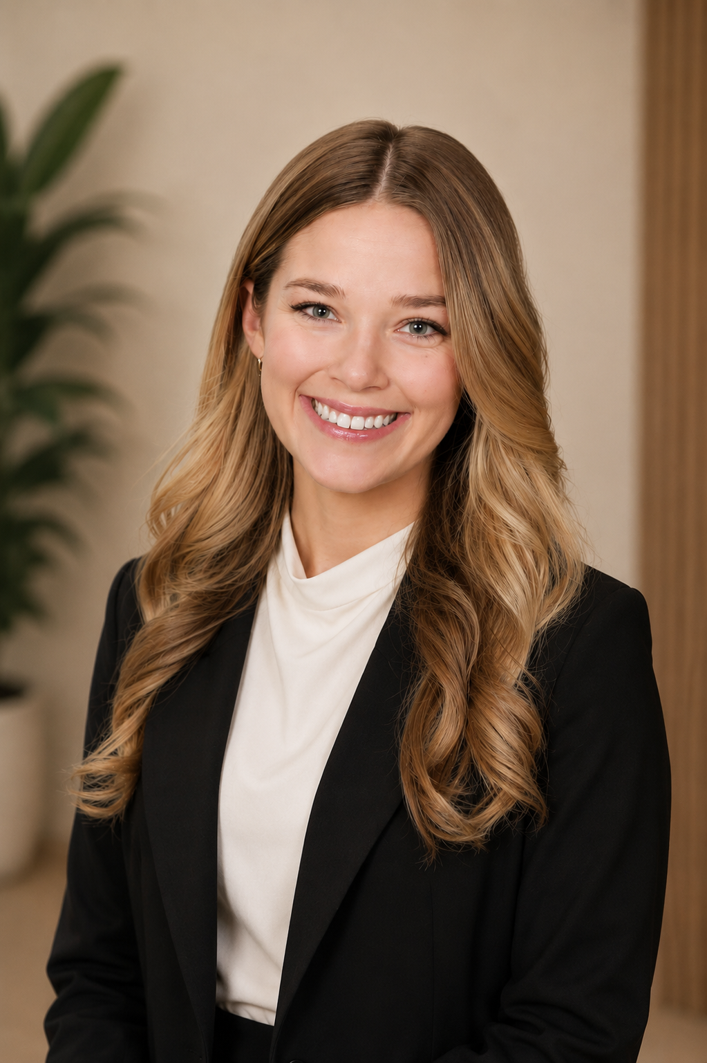 A young woman with long, wavy blonde hair, smiling, dressed in a black blazer and white blouse, standing indoors with a blurred plant and wall in the background.