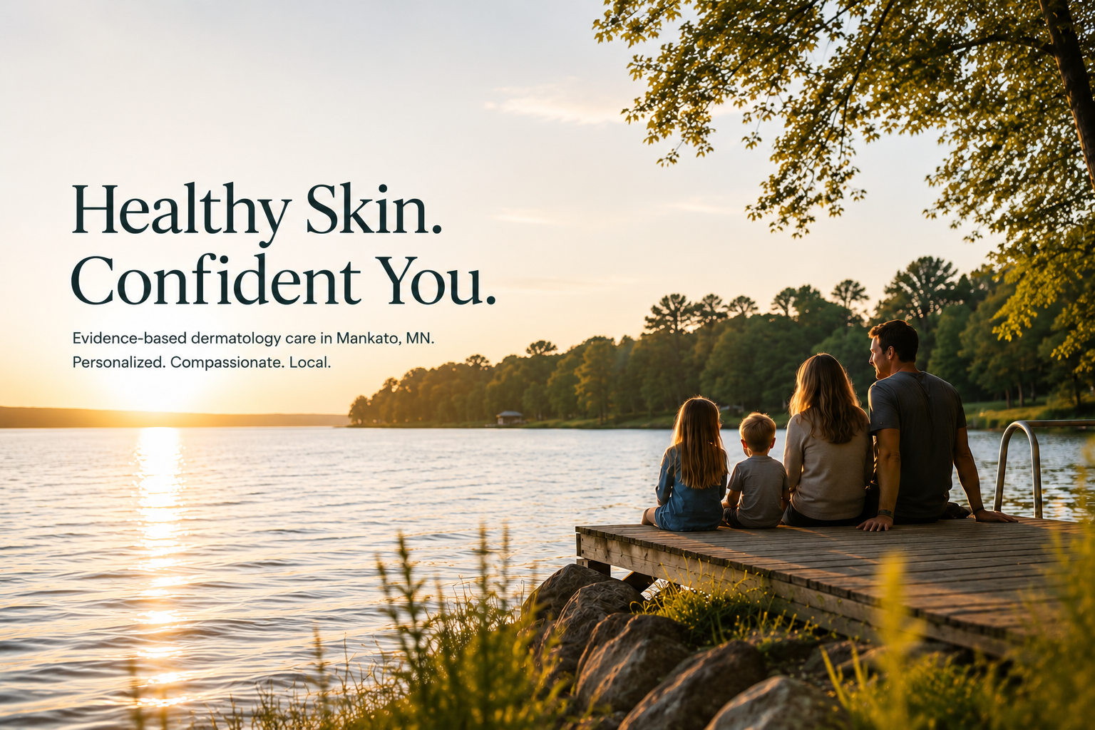 A family sitting on a wooden dock by a lake during sunset, overlooking the water and trees in the distance, promoting skincare and dermatology care.