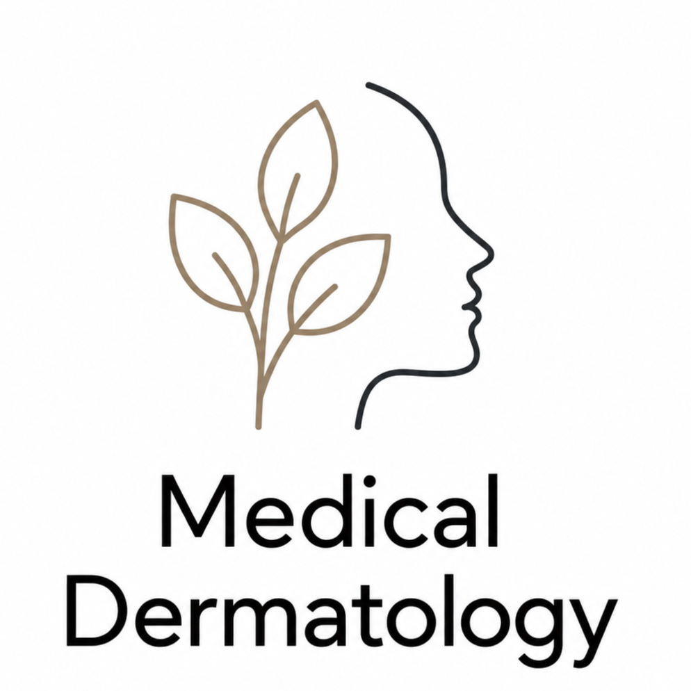 Logo with a profile outline of a woman's face and a leaf branch integrated into her head, with the text "Medical Dermatology" underneath.