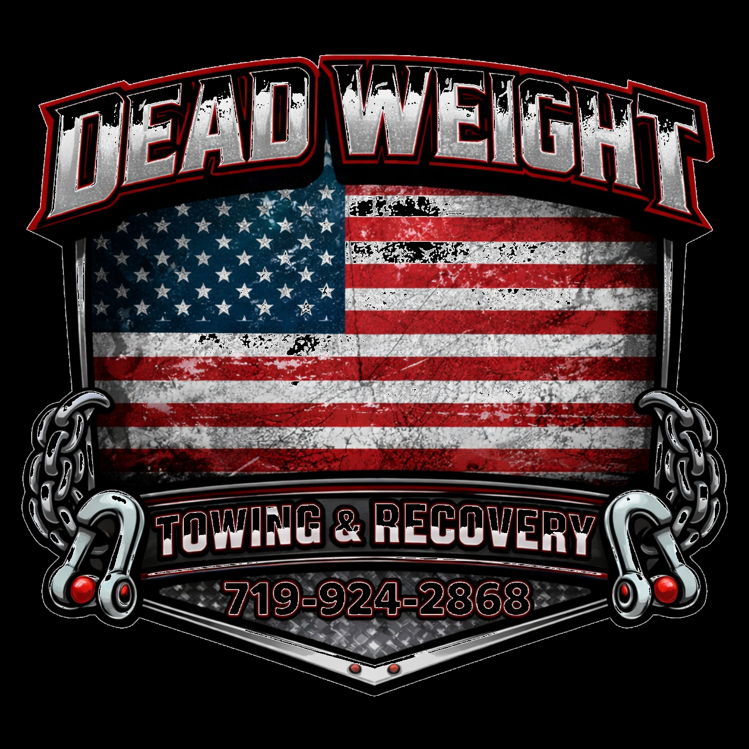 A logo for 'Deadweight Towing & Recovery' featuring an American flag background, chains, and a rugged design with the phone number 719-924-2868.