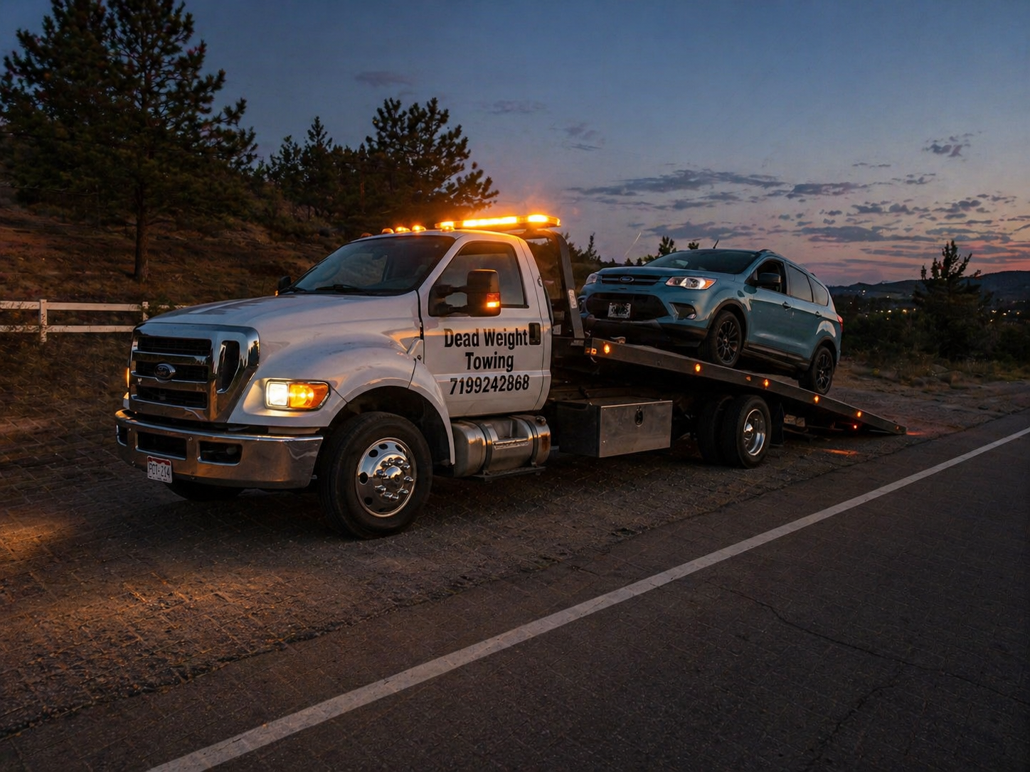 Tow truck labeled 'Dead Weight Towing' carrying a blue SUV during sunset in a rural area.