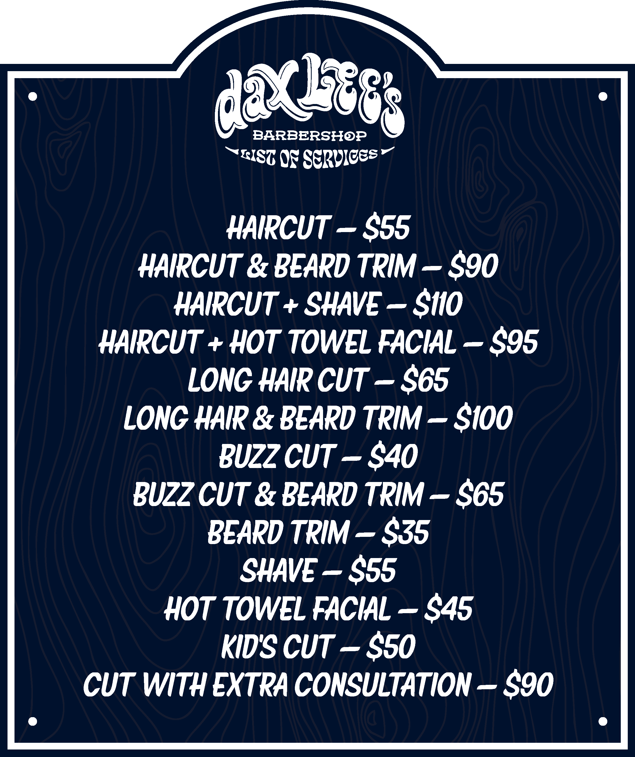 Barbershop price list on a dark background with a wood grain pattern, featuring various haircut and grooming services with prices.