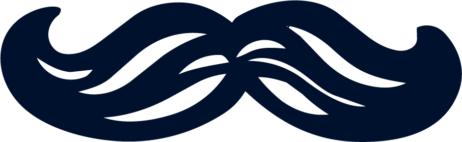 Black silhouette of a curled mustache with wavy lines.