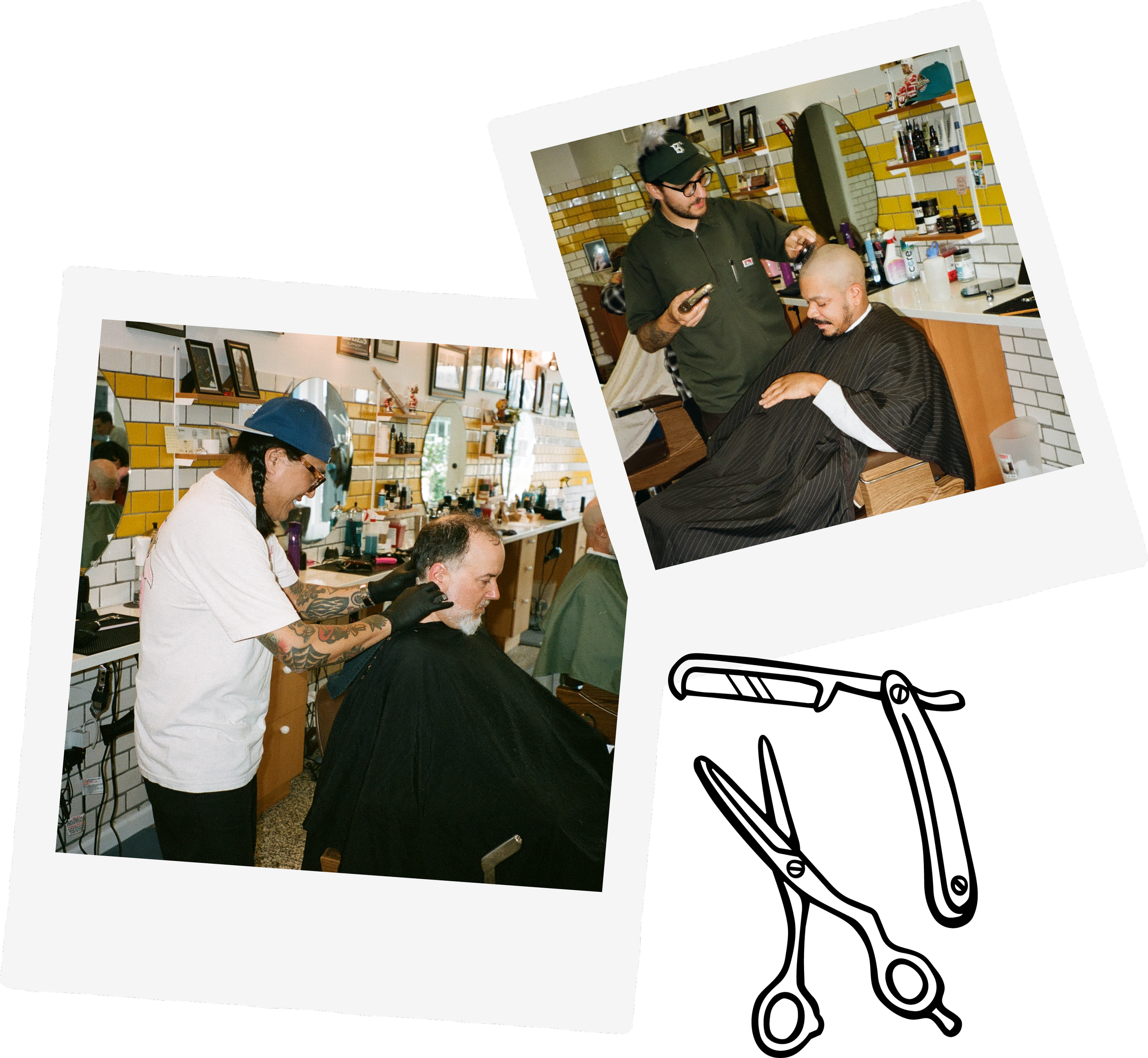 A man with glasses and a black shirt getting a haircut at a barbershop.