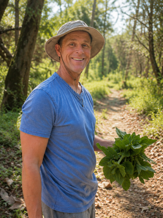 A middle-aged man smiling outdoors on a forest trail, wearing a beige sun hat and blue t-shirt, holding a large green leafy plant.