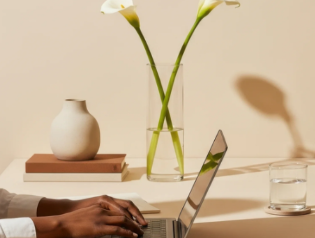 A person's hands typing on a laptop in front of a vase with white calla lilies on a desk, with a glass of water beside it.