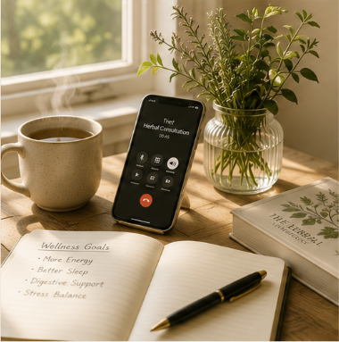 A wooden desk with a smartphone on speakerphone, a coffee mug, an open notebook with wellness goals, a pen, a book titled 'The Herb', and a glass jar with green herbs, next to a window with sunlight.