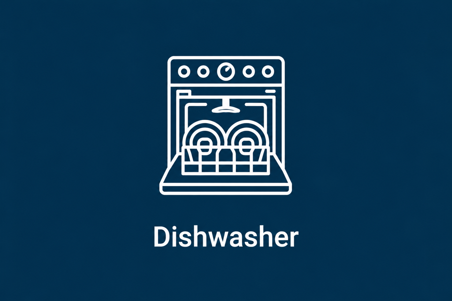 Line drawing of a dishwasher with the word 'Dishwasher' below it, on a dark blue background.