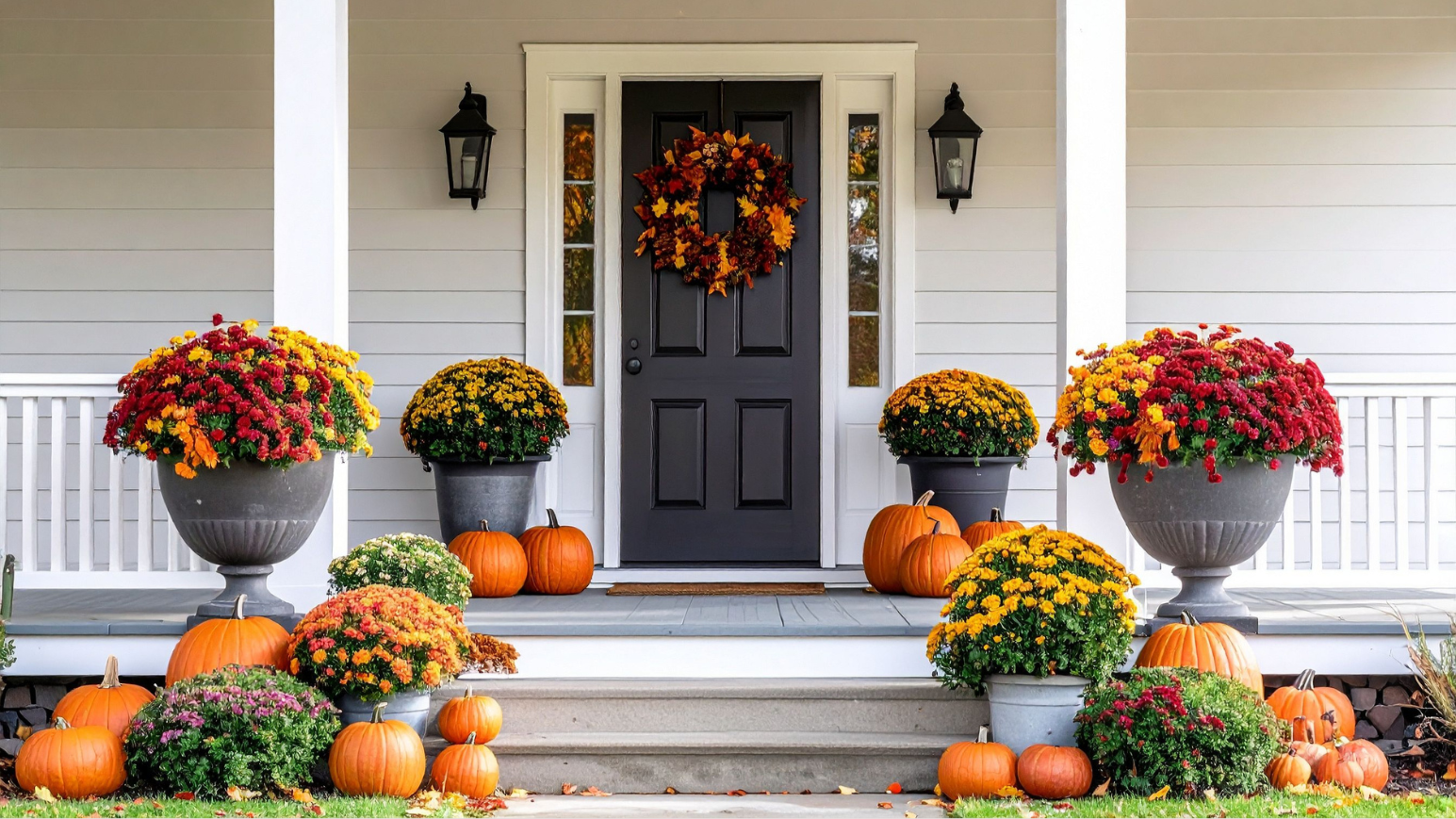 Front porch decorated for fall with large flower pots filled with chrysanthemums in orange, yellow, and red, surrounded by pumpkins of various sizes, against a white house with black front door and wreath, with porch lanterns on either side.