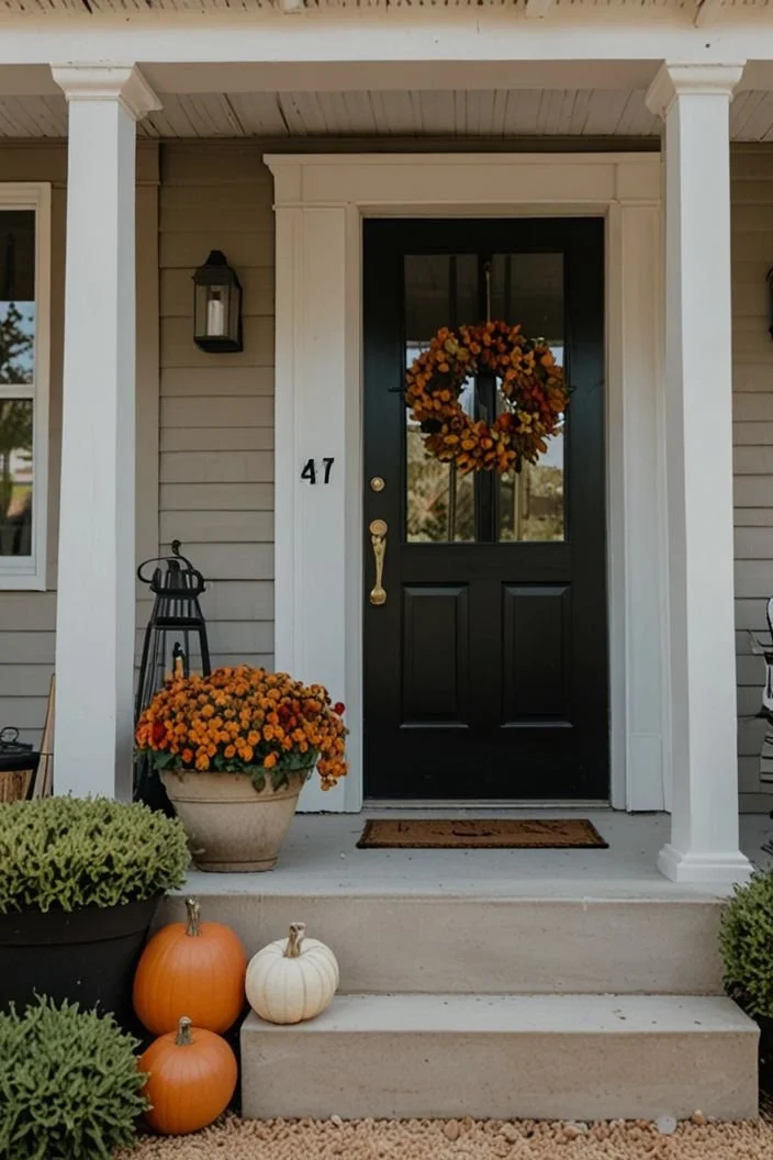 Front porch of a house decorated for fall with potted orange flowers, pumpkins, and a wreath of orange and brown leaves on the door.