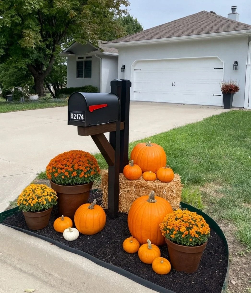 A black mailbox with a red flag in front of a white house. The mailbox is decorated with orange pumpkins, a white pumpkin, and orange and yellow potted chrysanthemums, all arranged on a small garden bed with black mulch and hay bales.