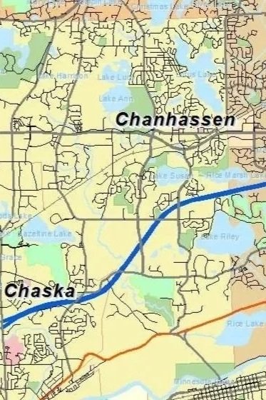 Map showing neighborhoods of Chanhassen and Chaska, with lakes, roads, and water bodies in the surrounding area.