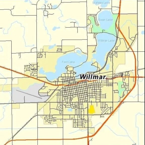 Map of Willmar, Minnesota, showing lakes, roads, and city layout along with surrounding areas.