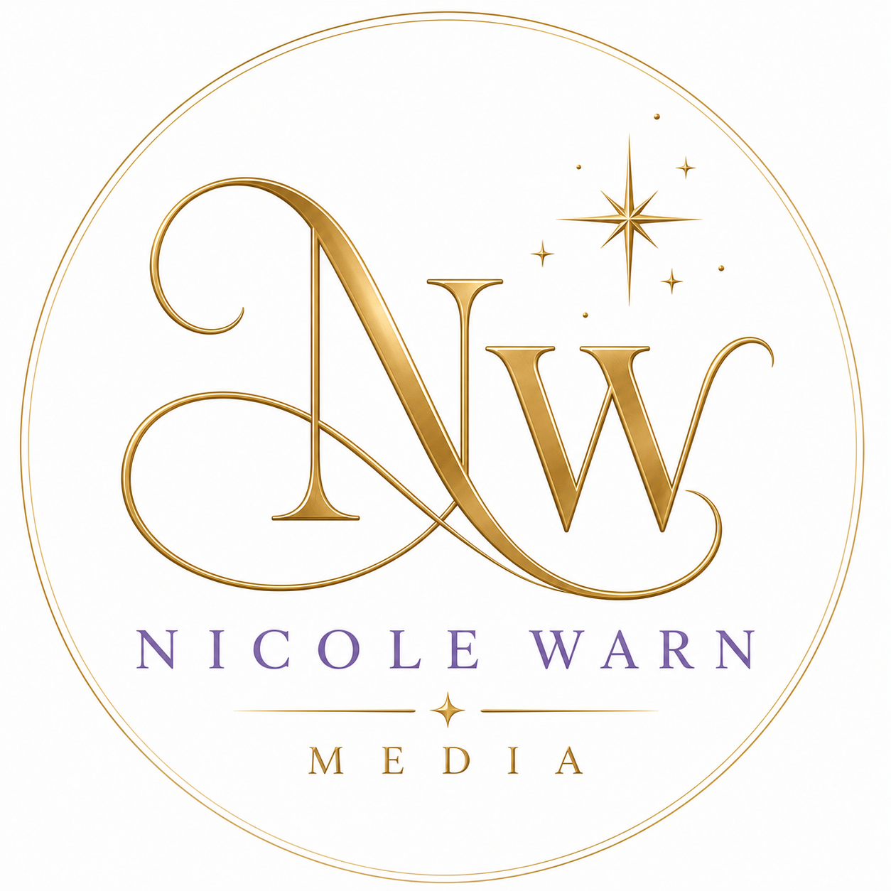 Gold initials 'N' and 'W' with stars surrounding, purple text 'Nicole Warn' and gold text 'Media' in a circular design.