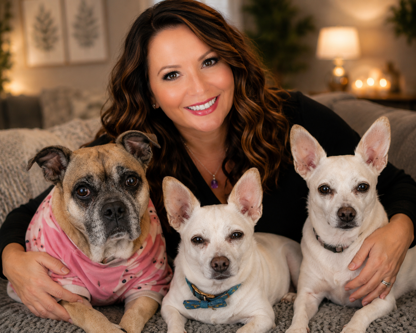 Author Nicole Warn with her three beloved dogs, Cookie, Rider, and Woody.