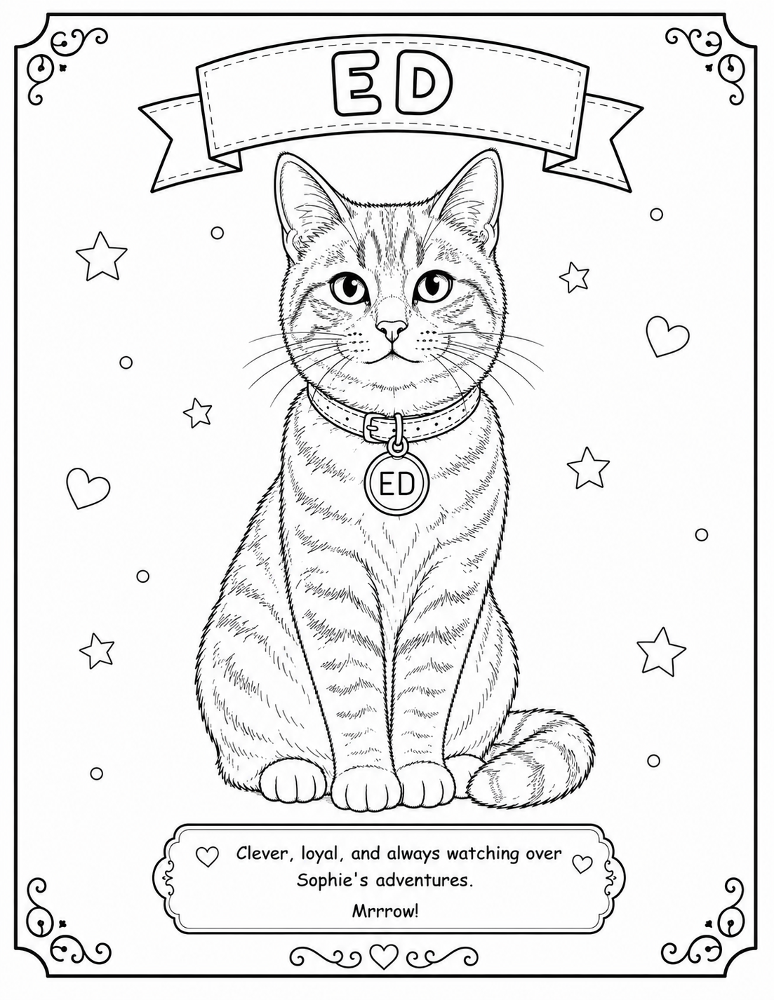 Printable Ed coloring page from the Sophie Glendale children's fantasy adventure series. Features Ed, the loyal gray cat with his signature collar, in a fun black-and-white coloring activity.