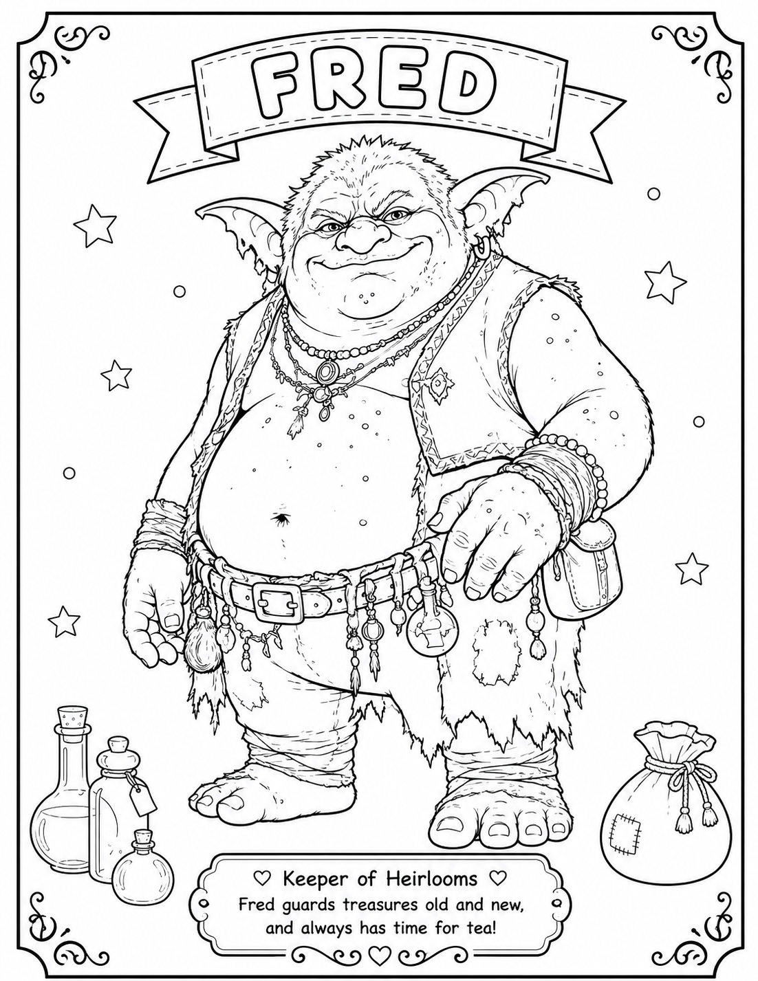 Printable Fred coloring page from the Sophie Glendale children's fantasy adventure series. Features Fred the lovable goblin and Keeper of Heirlooms in a fun coloring activity.