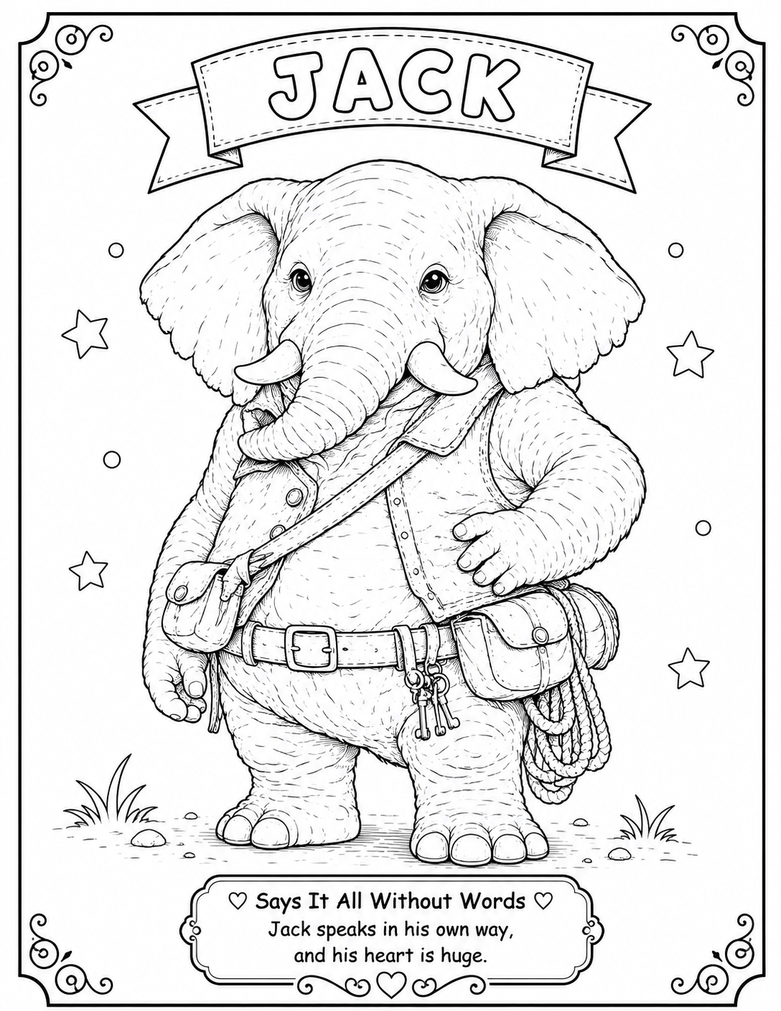 Printable Jack coloring page from the Sophie Glendale children's fantasy adventure series. Features Jack the elephant, who speaks from the heart in his own unique way