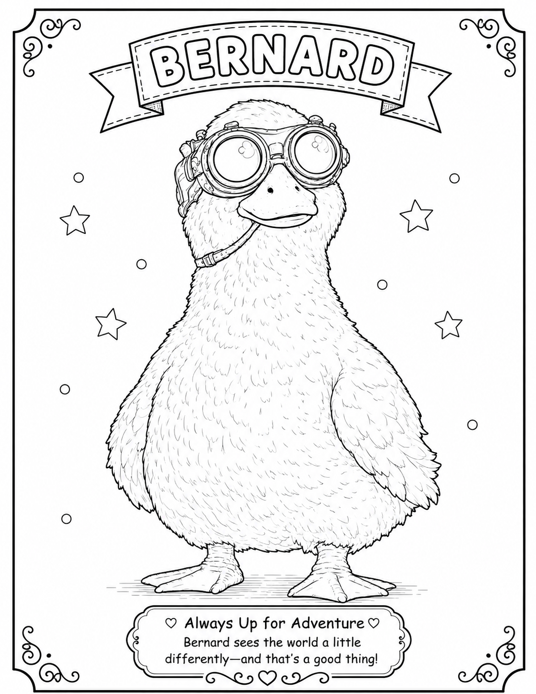Printable Bernard coloring page from the Sophie Glendale children's fantasy adventure series. Features Bernard in a fun black-and-white coloring activity.