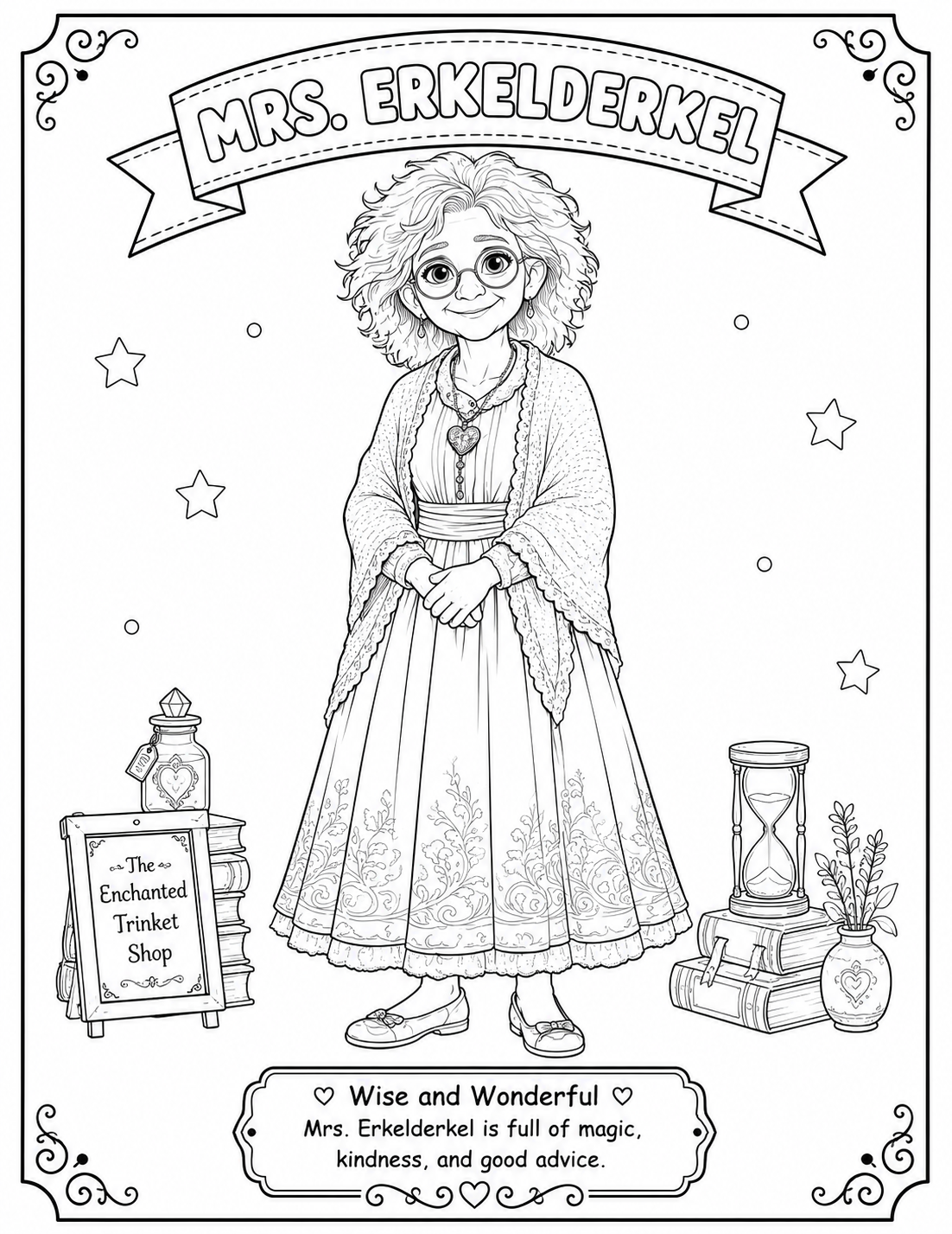 Printable Mrs. Erkelderkel coloring page from the Sophie Glendale children's fantasy adventure series. Features the mysterious owner of the Enchanted Trinket Shop in a magical black-and-white coloring activity.