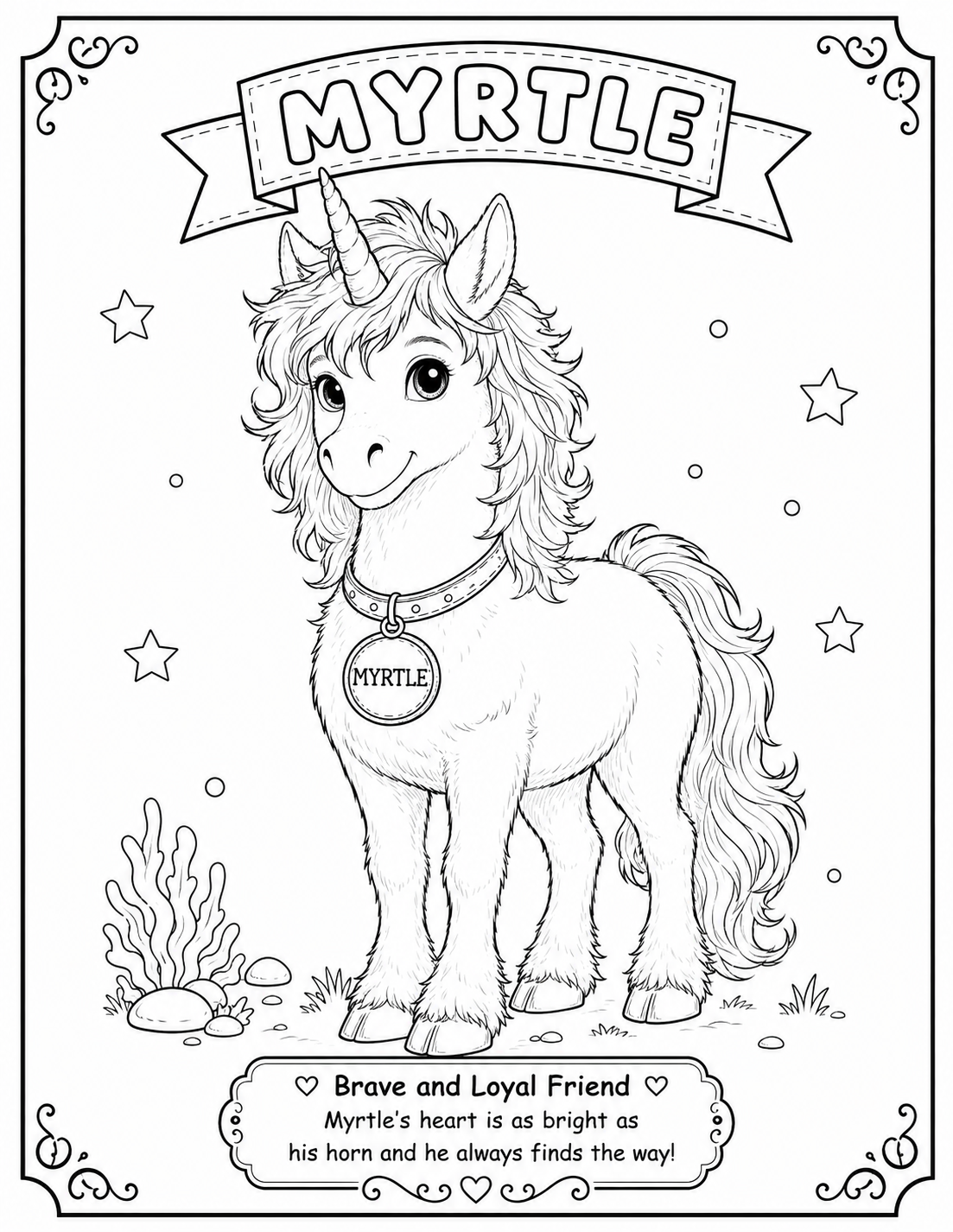 Printable Myrtle coloring page from the Sophie Glendale children's fantasy adventure series. Features Myrtle, the brave unicorn whose courage grows with every adventure.