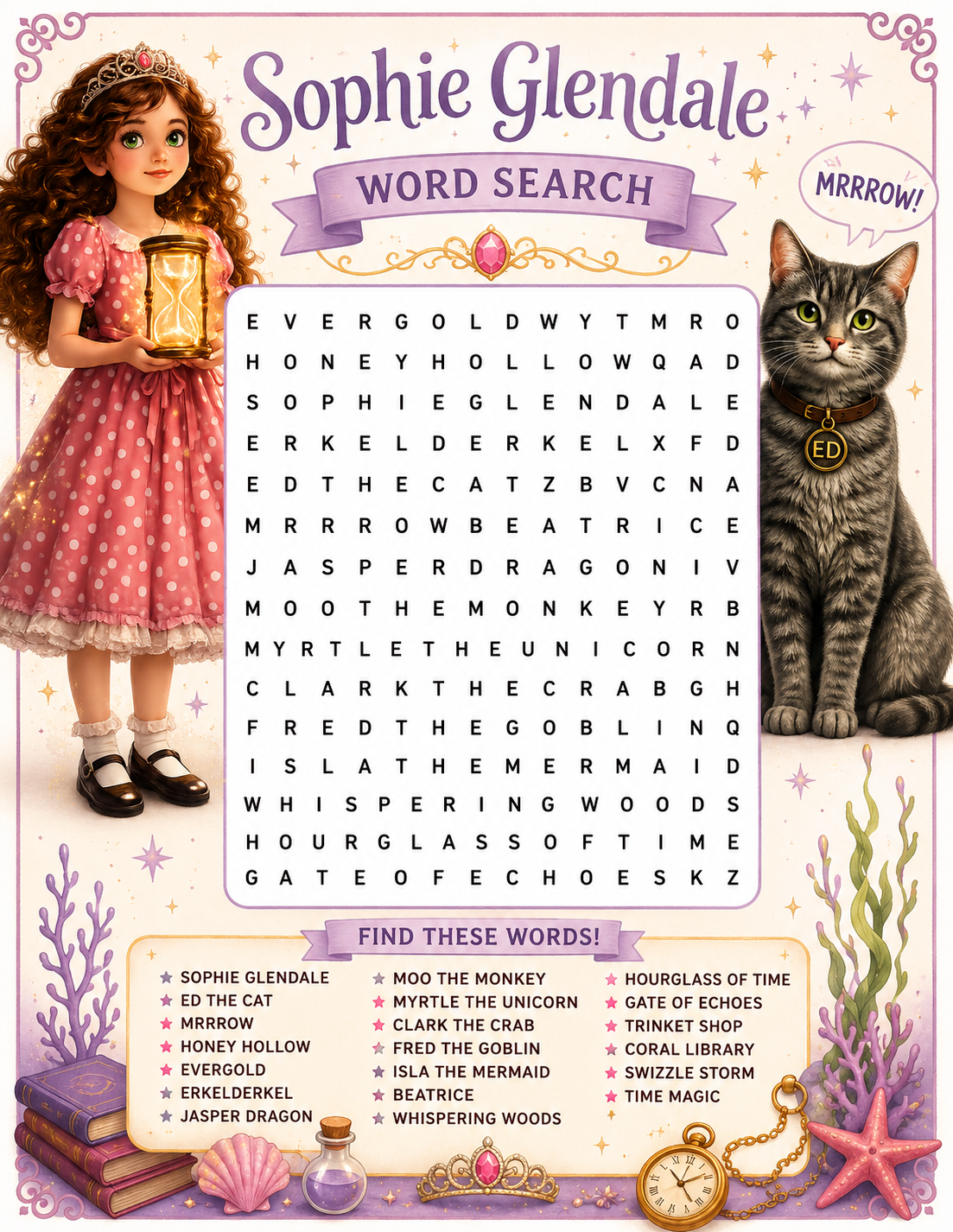 Printable Sophie Glendale word search and puzzle featuring Sophie, Ed, and magical objects from the children's fantasy adventure series.