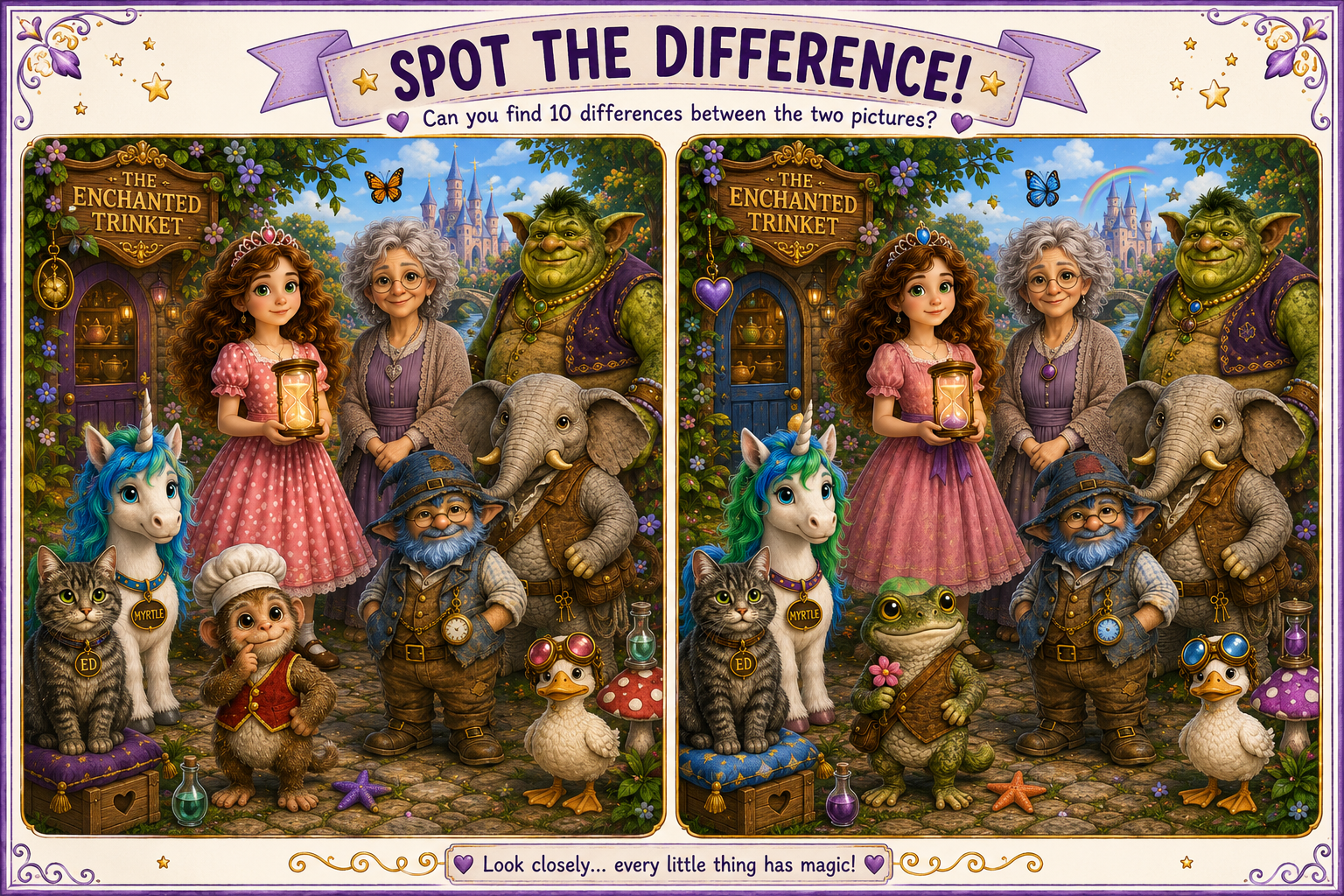 Printable Sophie Glendale spot-the-difference activity featuring Sophie, Ed, Myrtle, Mrs. Erkelderkel, and friends in a magical fantasy scene.