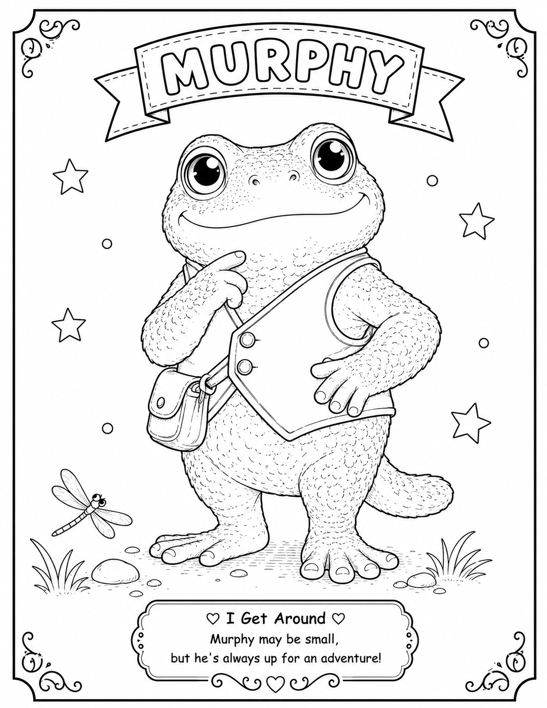 Printable Murphy coloring page from the Sophie Glendale children's fantasy adventure series. Features Murphy the adventurous frog in a fun black-and-white coloring activity.