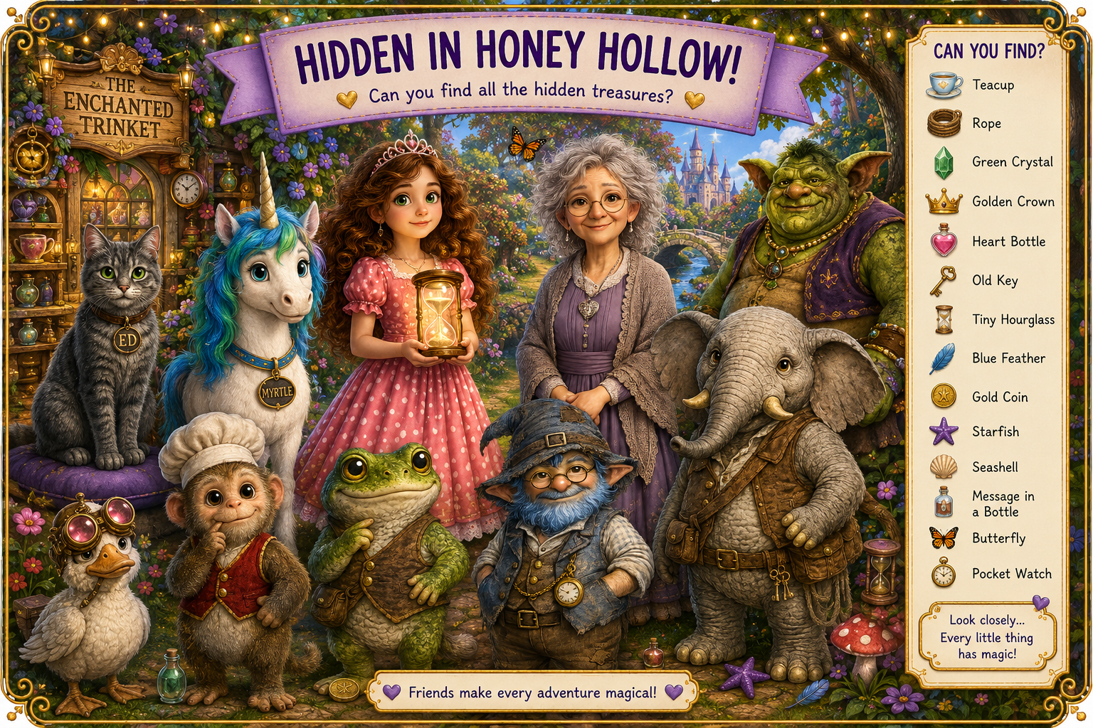 Printable Sophie Glendale hidden object activity featuring Sophie, Ed, and magical friends in Honey Hollow. Search for hidden treasures in this fun fantasy puzzle.