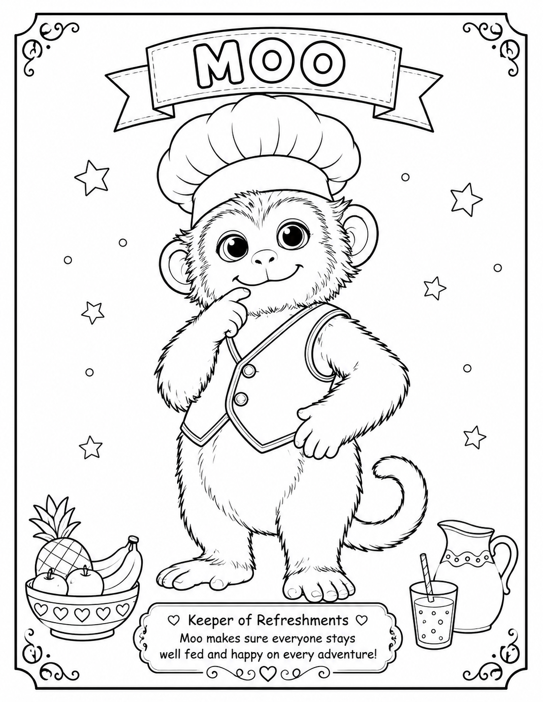 Printable Moo coloring page from the Sophie Glendale children's fantasy adventure series. Features Moo, the cheerful monkey who keeps everyone well fed on every adventure.