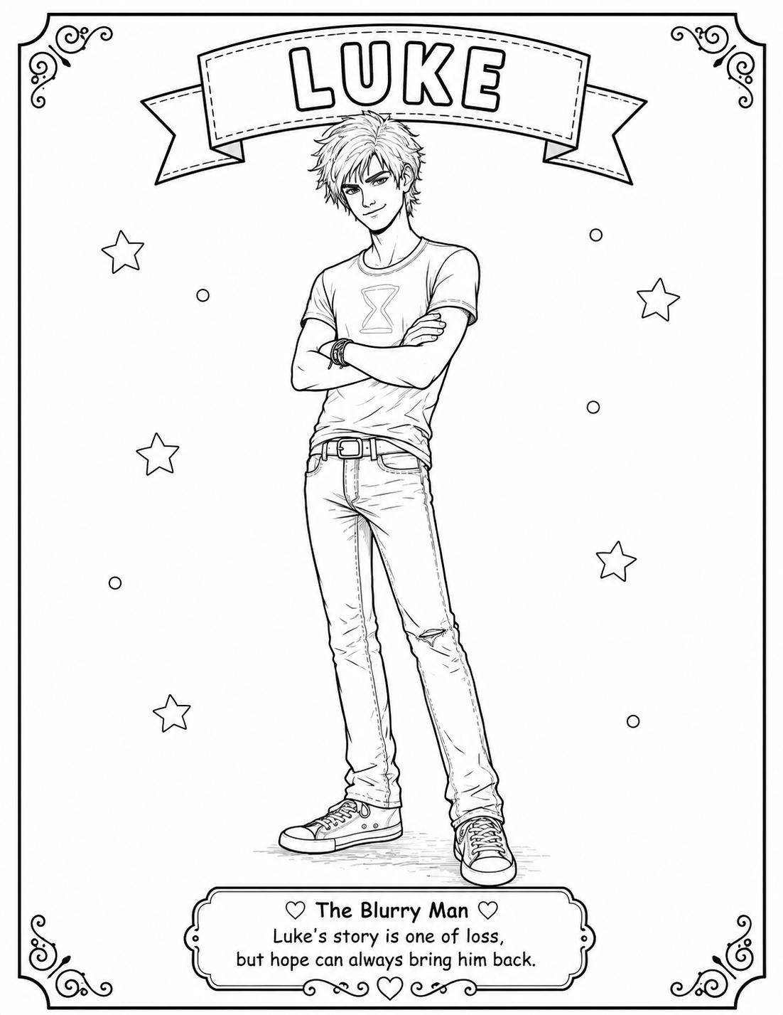 Printable Luke coloring page from the Sophie Glendale children's fantasy adventure series. Meet one of the story's most mysterious characters while enjoying a fun coloring activity.