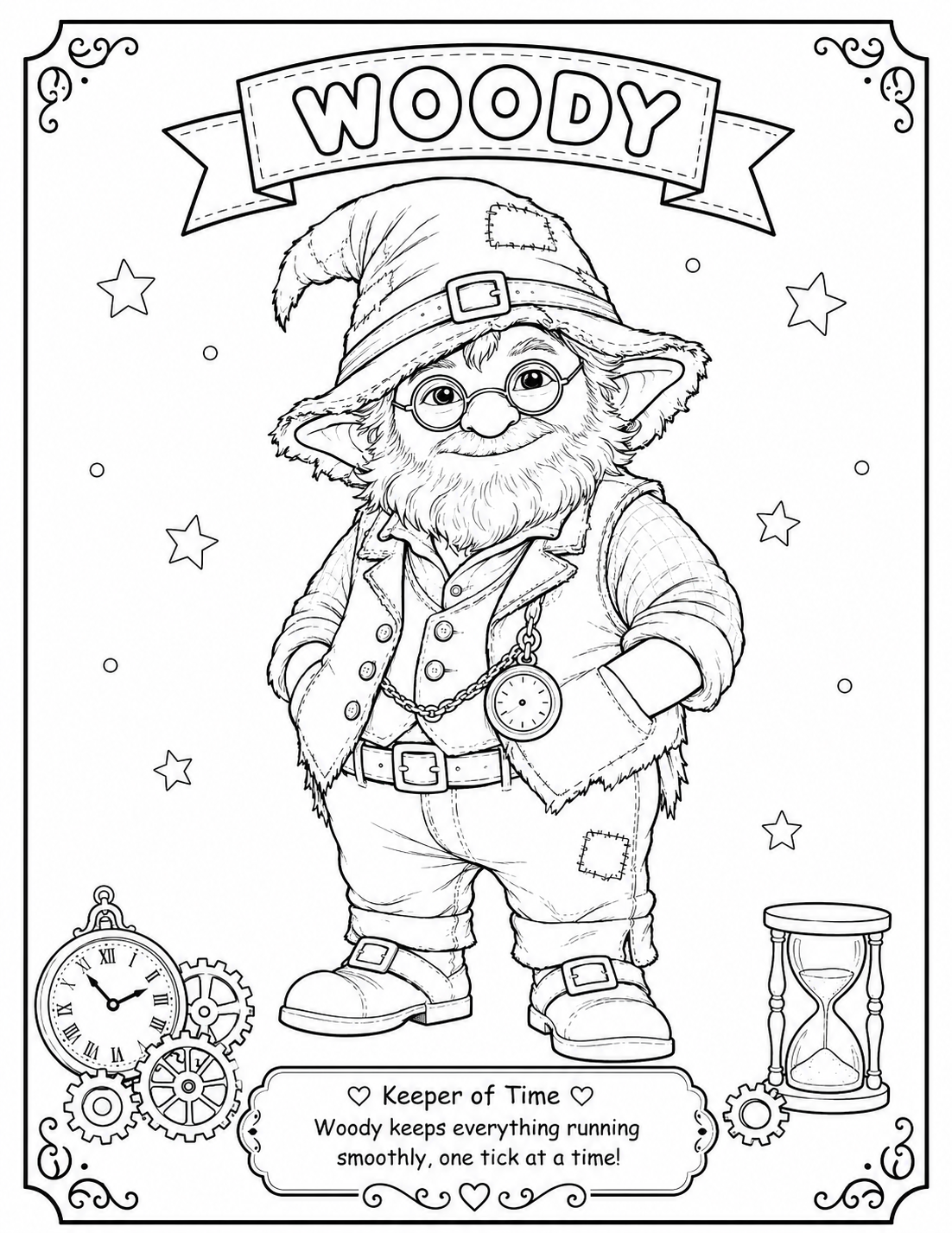 Printable Woody coloring page from the Sophie Glendale children's fantasy adventure series. Features Woody, the Keeper of Time, surrounded by clocks and magical timekeeping tools.