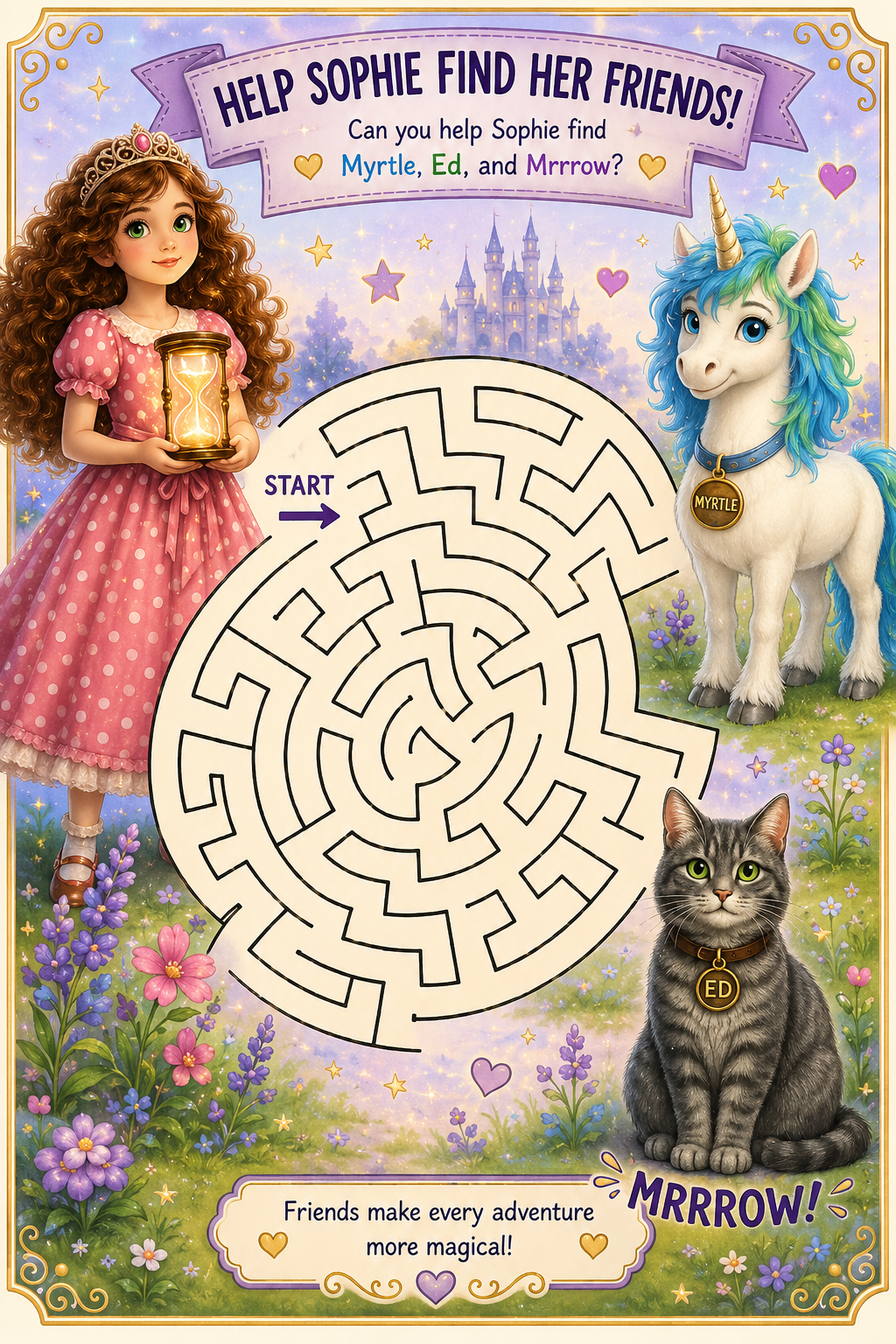 Printable Sophie Glendale maze activity featuring Sophie, Ed, Myrtle, and magical friends. Help Sophie find her way through this fun fantasy maze.